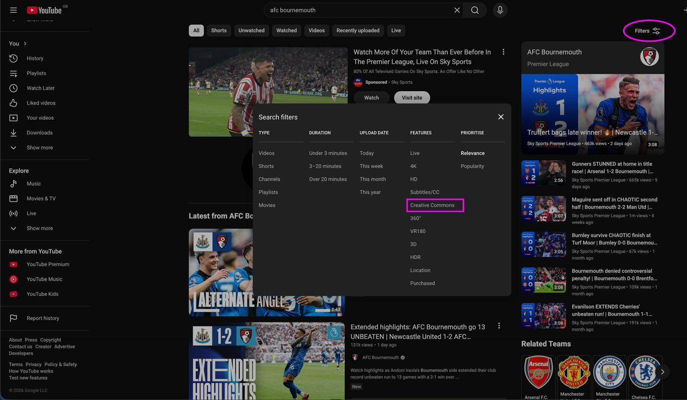 YouTube search interface highlighting Creative Commons filter